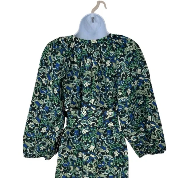 Tuckernuck NEW Batik Floral Lyles Green Blue Puff Sleeve Belted Midi Dress M - Picture 7 of 9